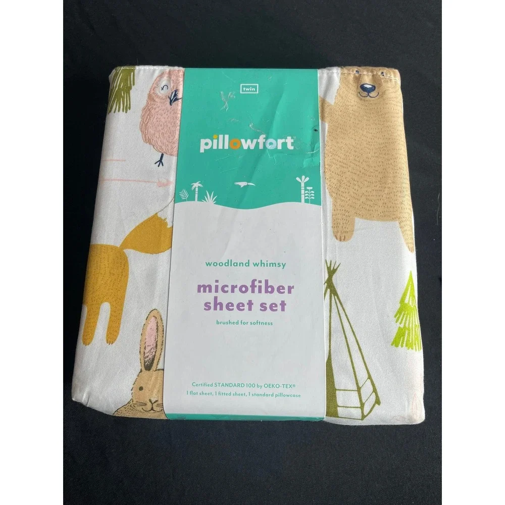 Pillowfort Twin Sheet Set Woodland Whimsy Microfiber White Forest Animals 3pc